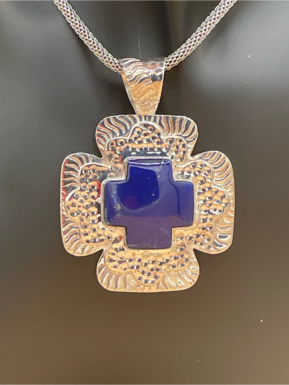 NEW 925 Sterling Silver Cross Pendant with Blue Lapis Lazuli Inlay
